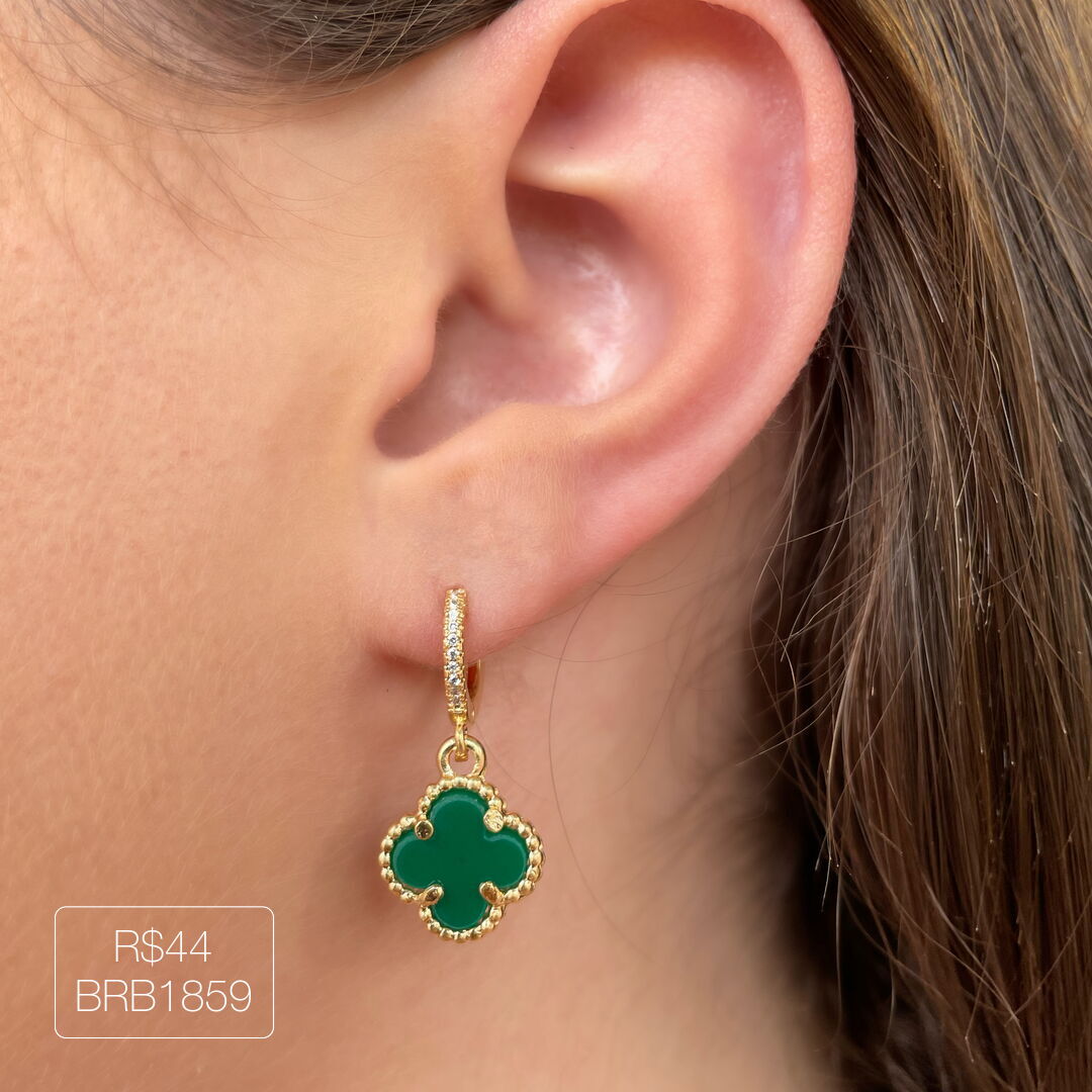 Brinco Cravejado Pendurado V@n Cleef Verde Dourado